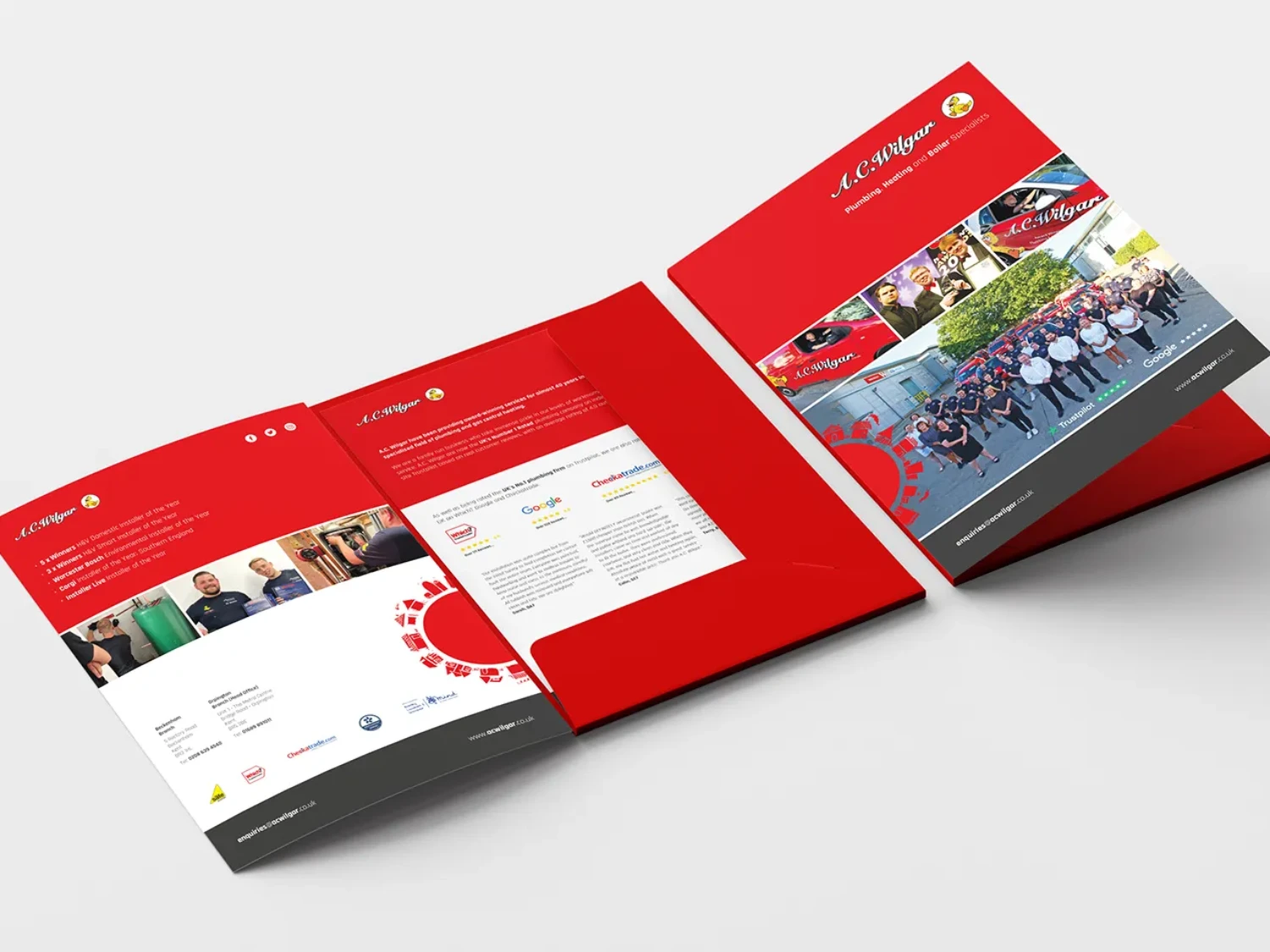 Design and print of an oversize A4 folder for A.C. Wilgar plumbing and heating services company.