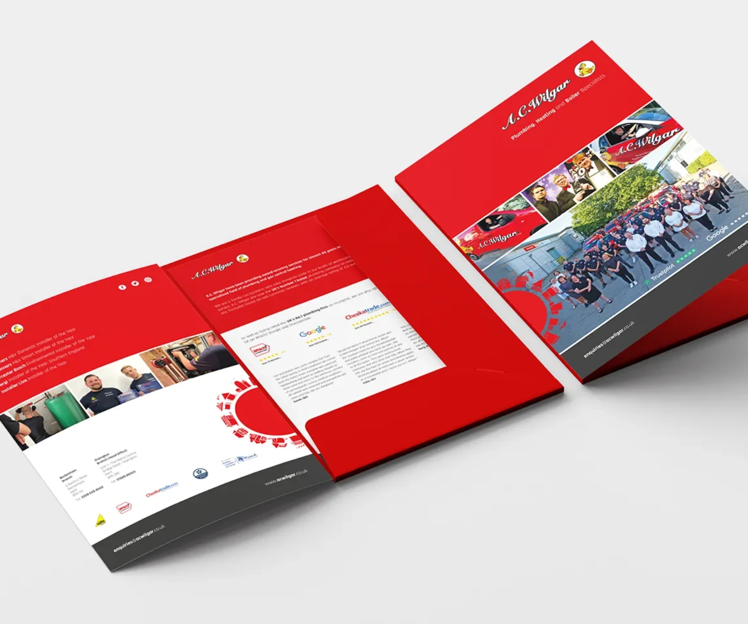 Design and print of an oversize A4 folder for A.C. Wilgar plumbing and heating services company.