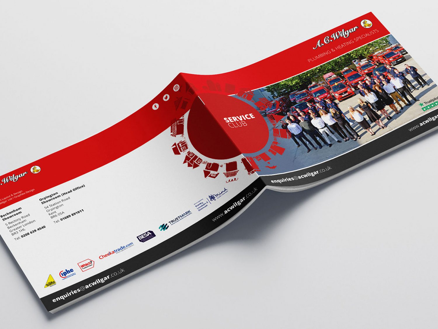 Print design of the cover of a brochure for A.C. Wilgar plumbing and heating services company