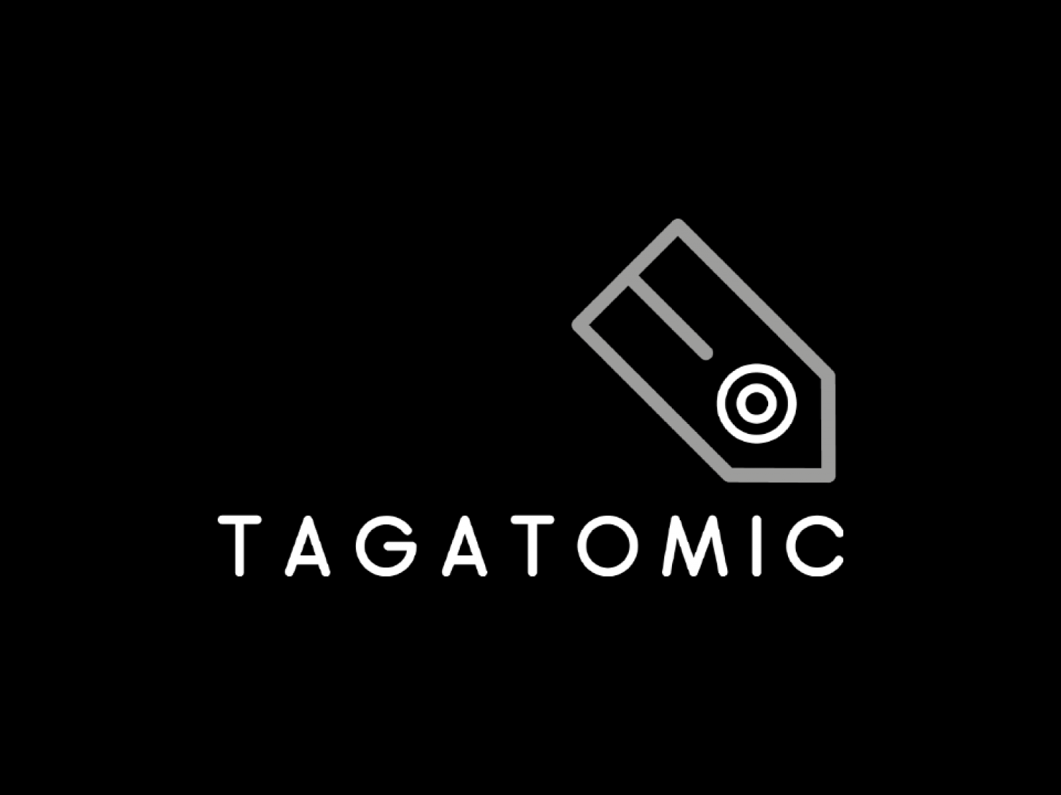 Light grayscale logo on black background for Tagatomic for logo design