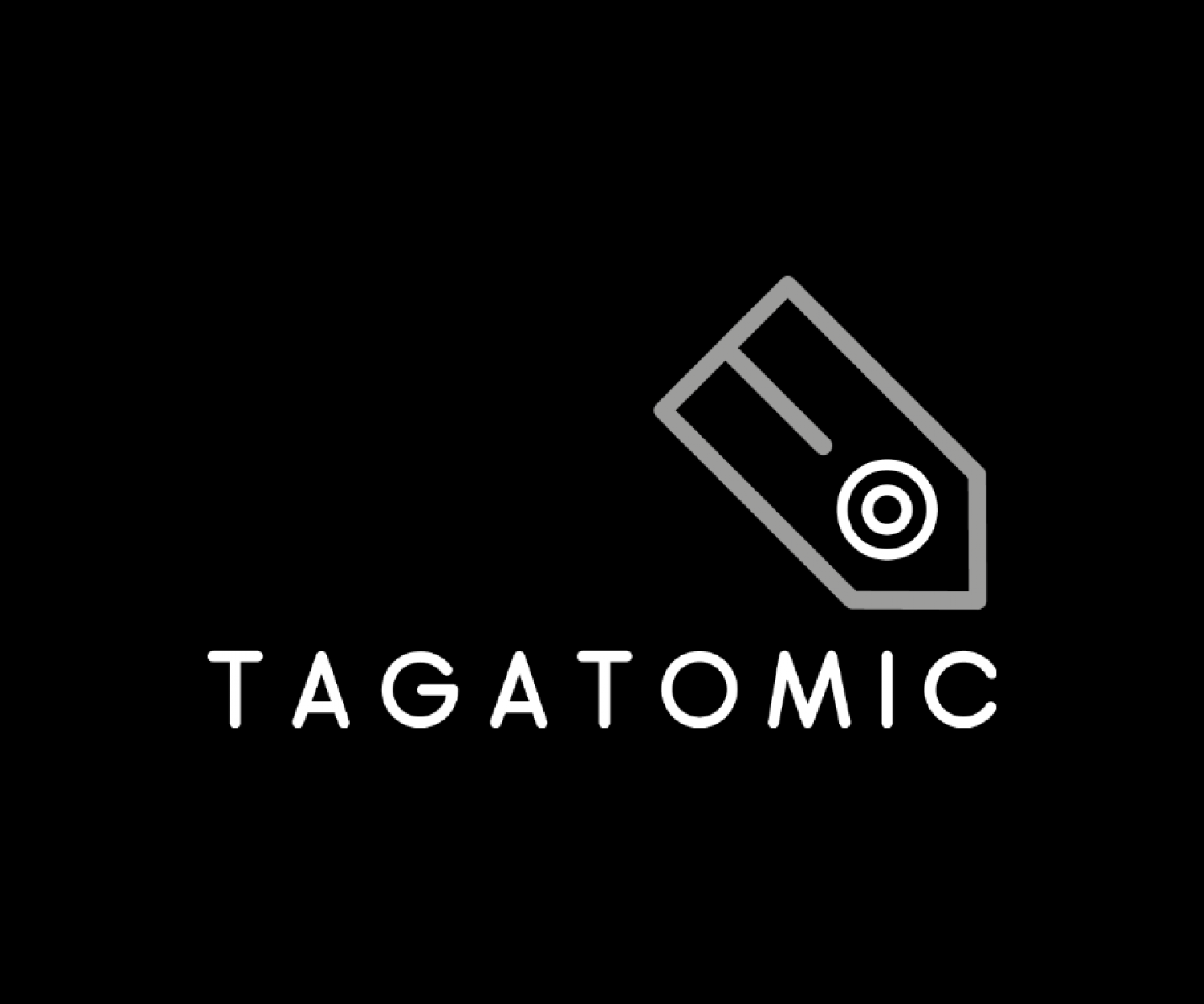 Light grayscale logo on black background for Tagatomic for logo design