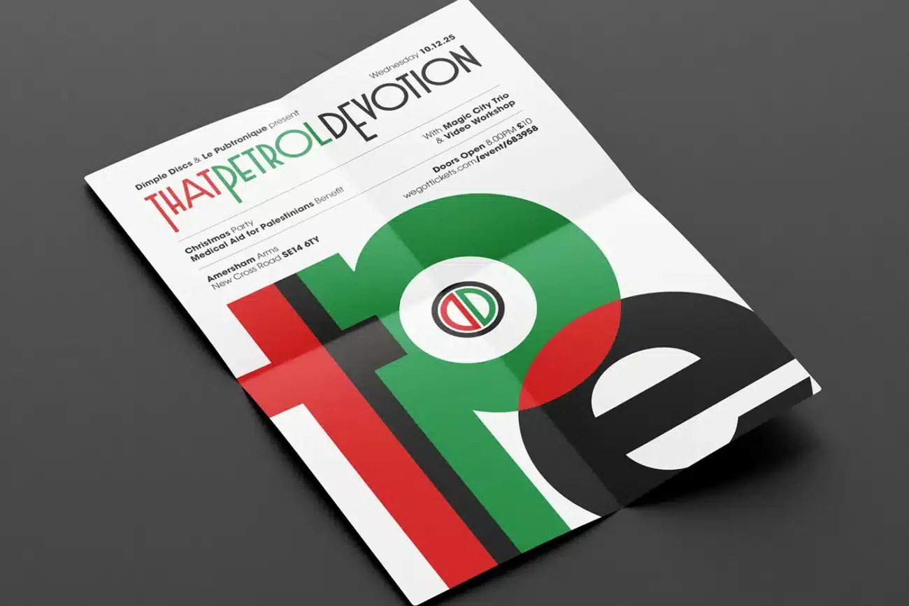 Promotional poster for tribute act to That Petrol Emotion, That Petrol Devotion, benefit gig for Palestine.