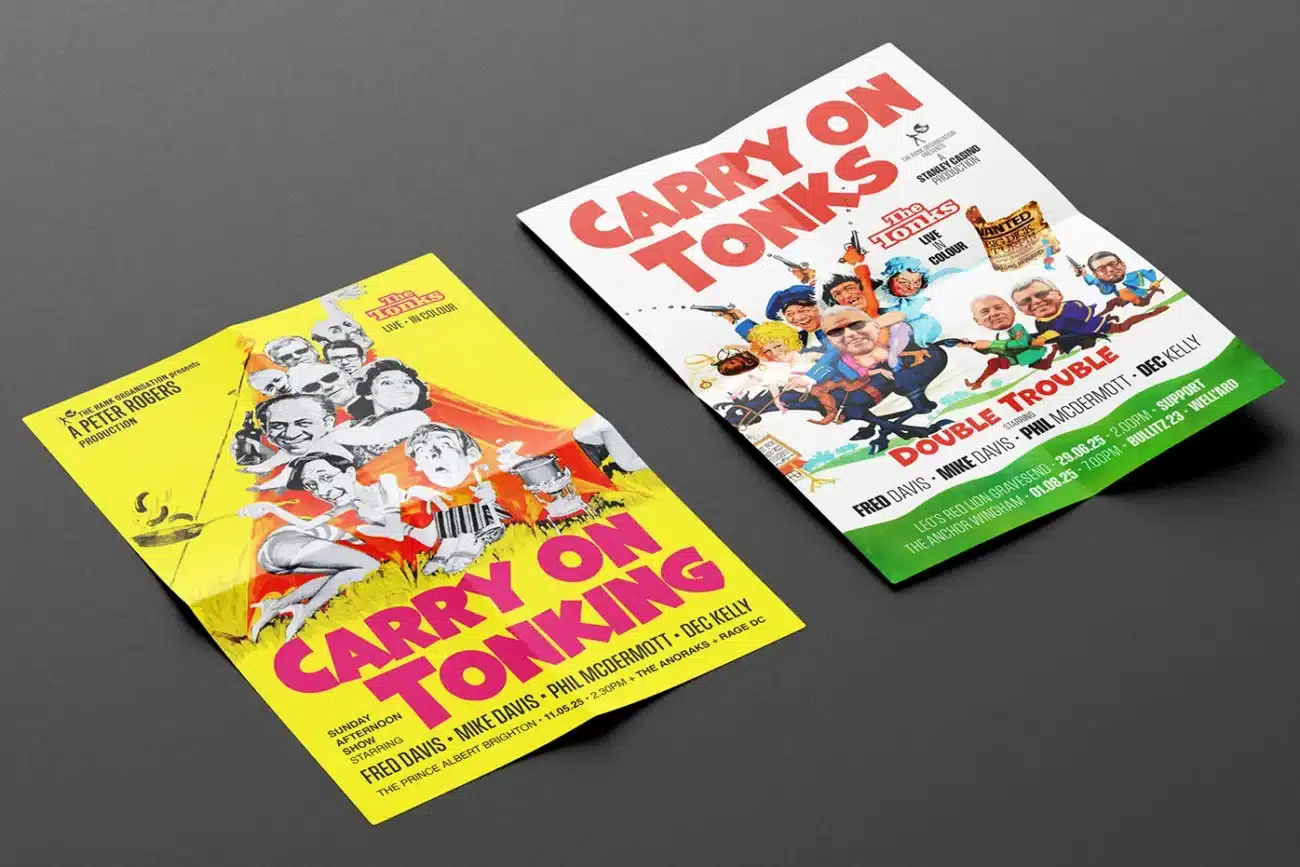 Promotional 'Carry On' style posters for The Tonks punk rock 'n' roll band, promoting their gigs.