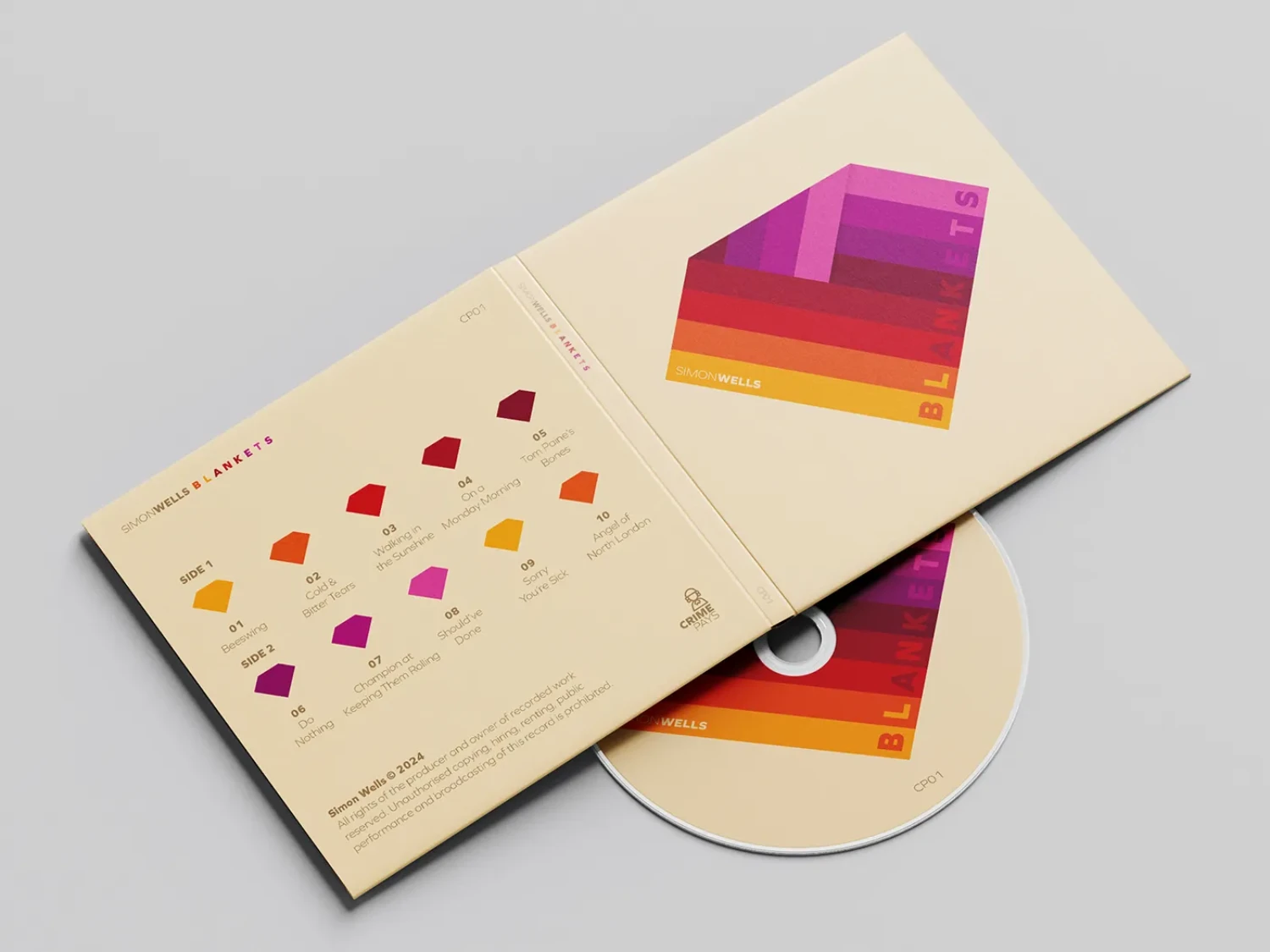 Outer CD artwork for Simon Wells second solo album, 'Blankets'. Released in 2024 on the Crime Pays label.