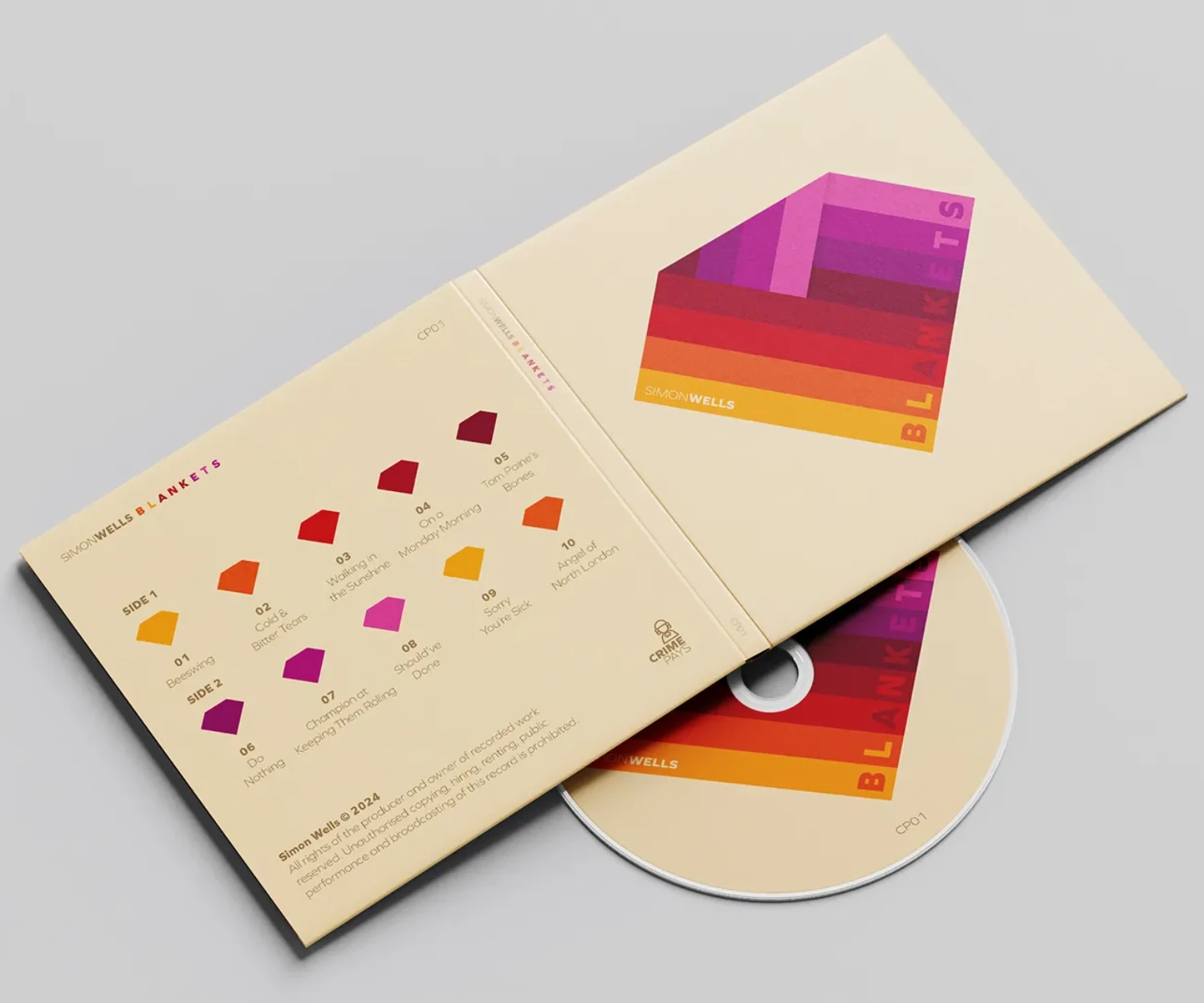 Outer CD artwork for Simon Wells second solo album, 'Blankets'. Released in 2024 on the Crime Pays label.