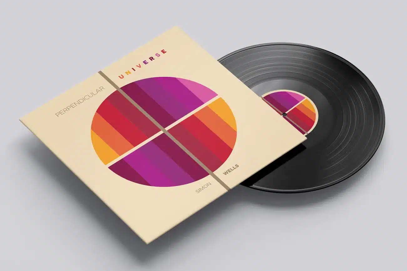 Vinyl LP artwork for Simon Wells third solo album, 'Perpendicular Universe'. Released in 2025 on the Crime Pays label.