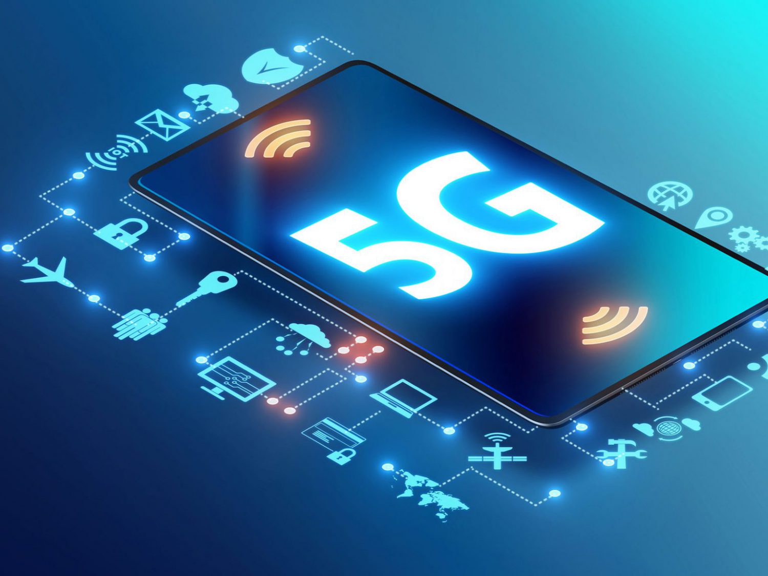 A phone whose screen is projecting a 5G graphic design illustration in flourescent blue with small icons of its features surrounding the phone