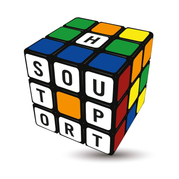 Graphic design piece of a rubiks cube, containing seven different letters inside white squares