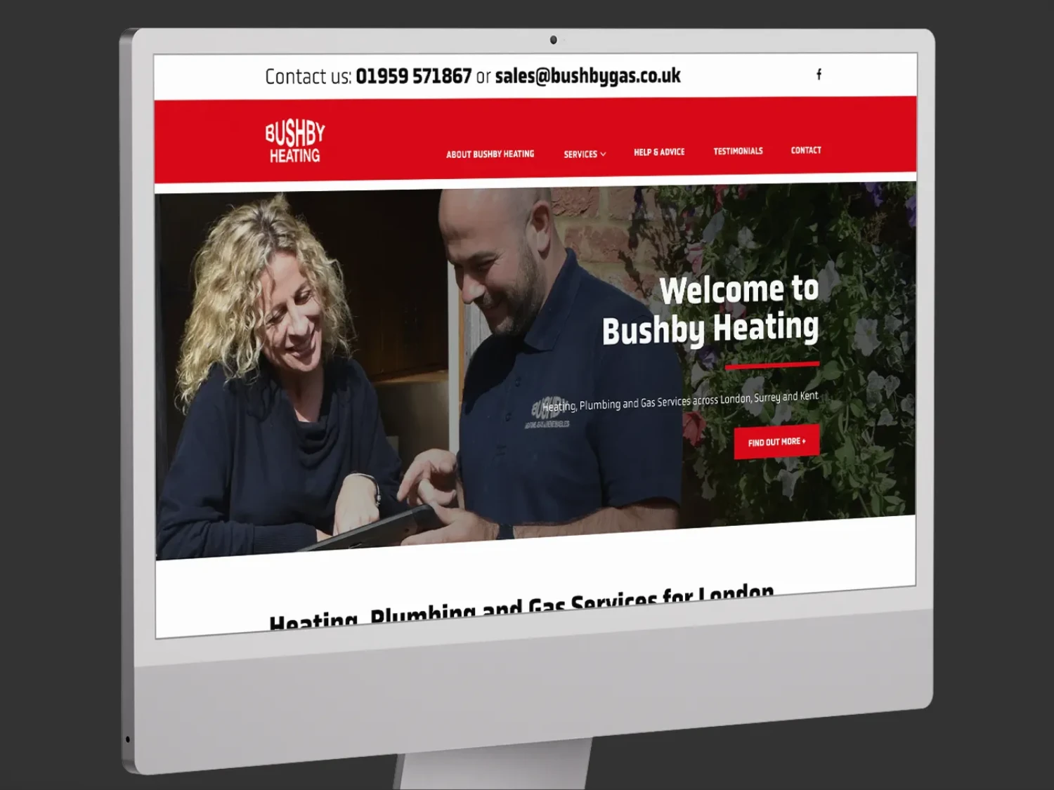 Bushby Heating website homepage displayed on an iMac.