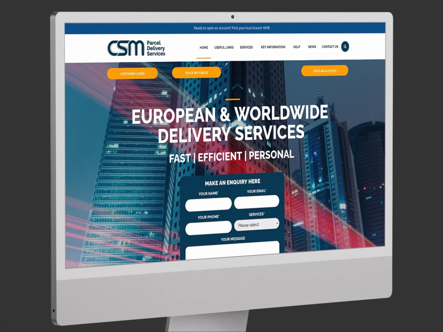 CSM Logistics Delivery Services website homepage displayed on an iMac.
