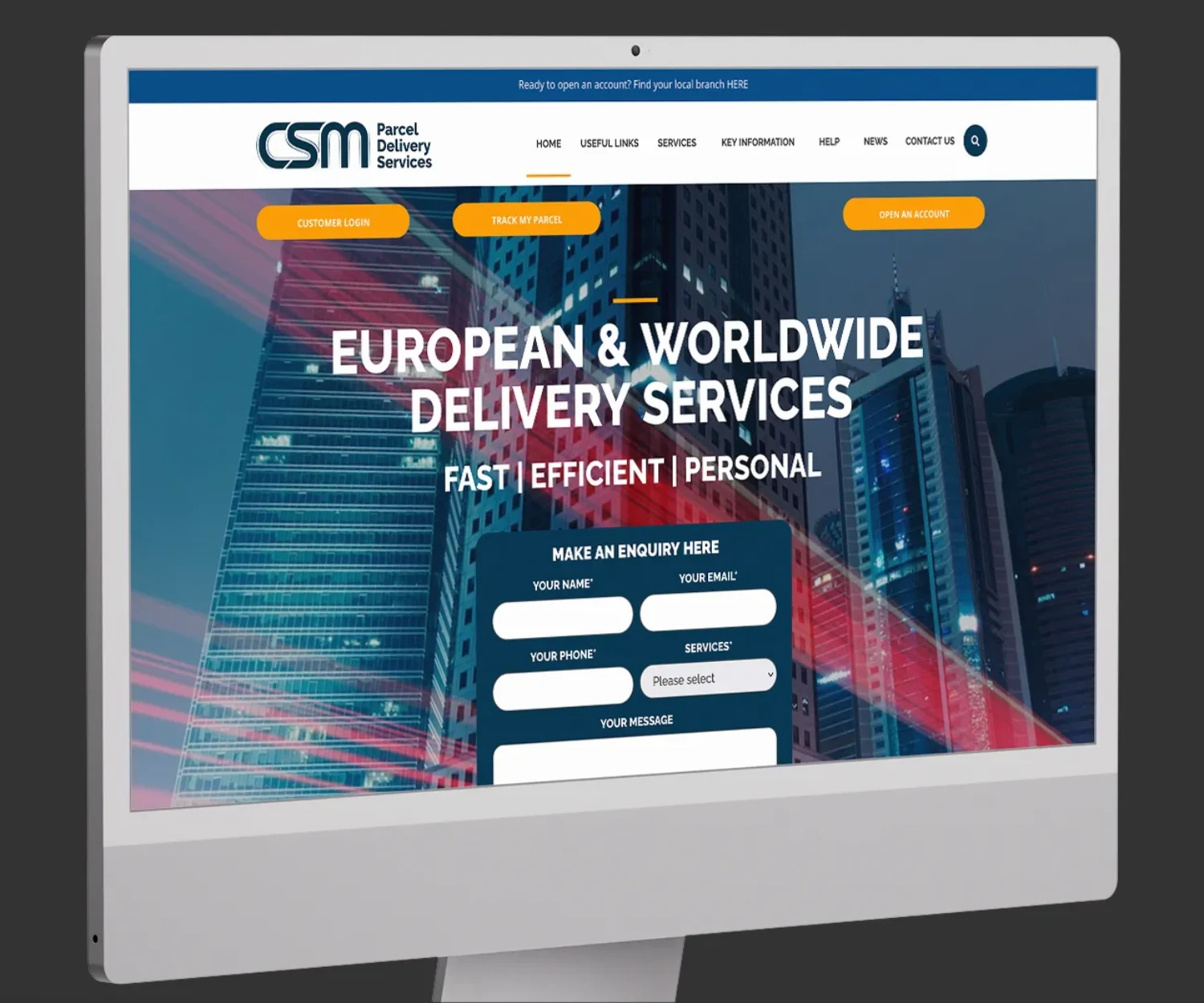 CSM Logistics Delivery Services website homepage displayed on an iMac.