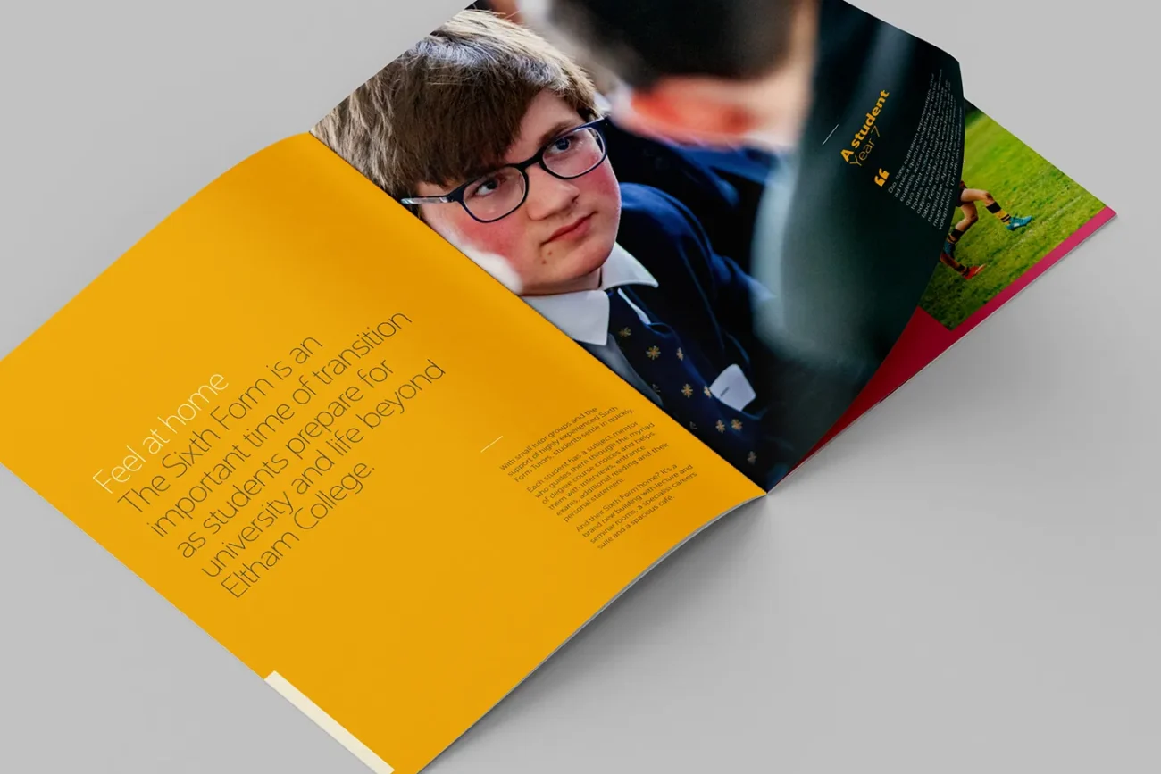 Center spread of School Prospectus, designed and printed for Eltham College, a top-tier, co-educational independent day school.