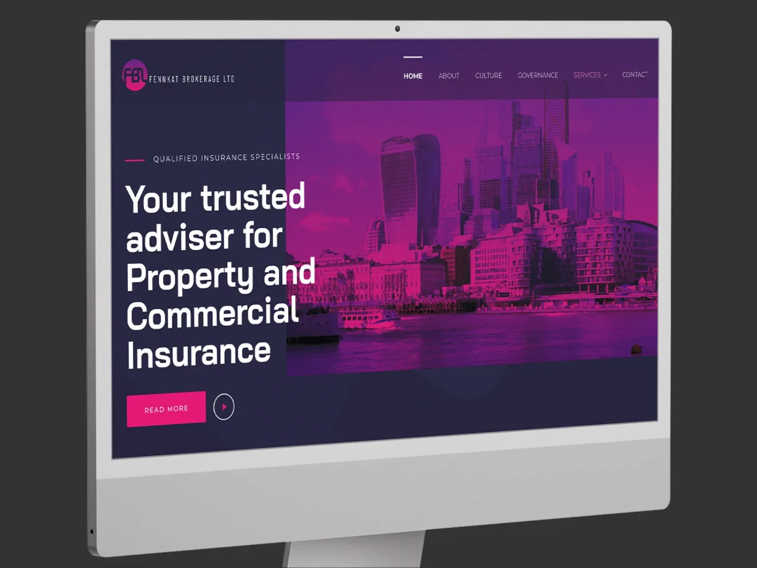 Fennkat Brokerage website homepage displayed on an iMac.