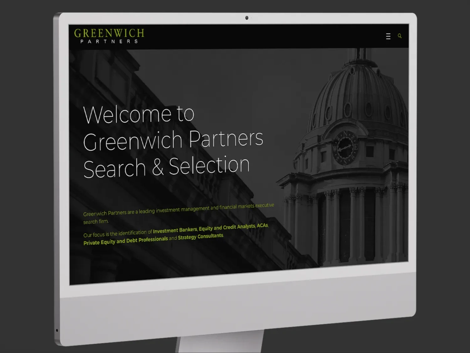 Greenwich Partners website homepage displayed on an iMac.