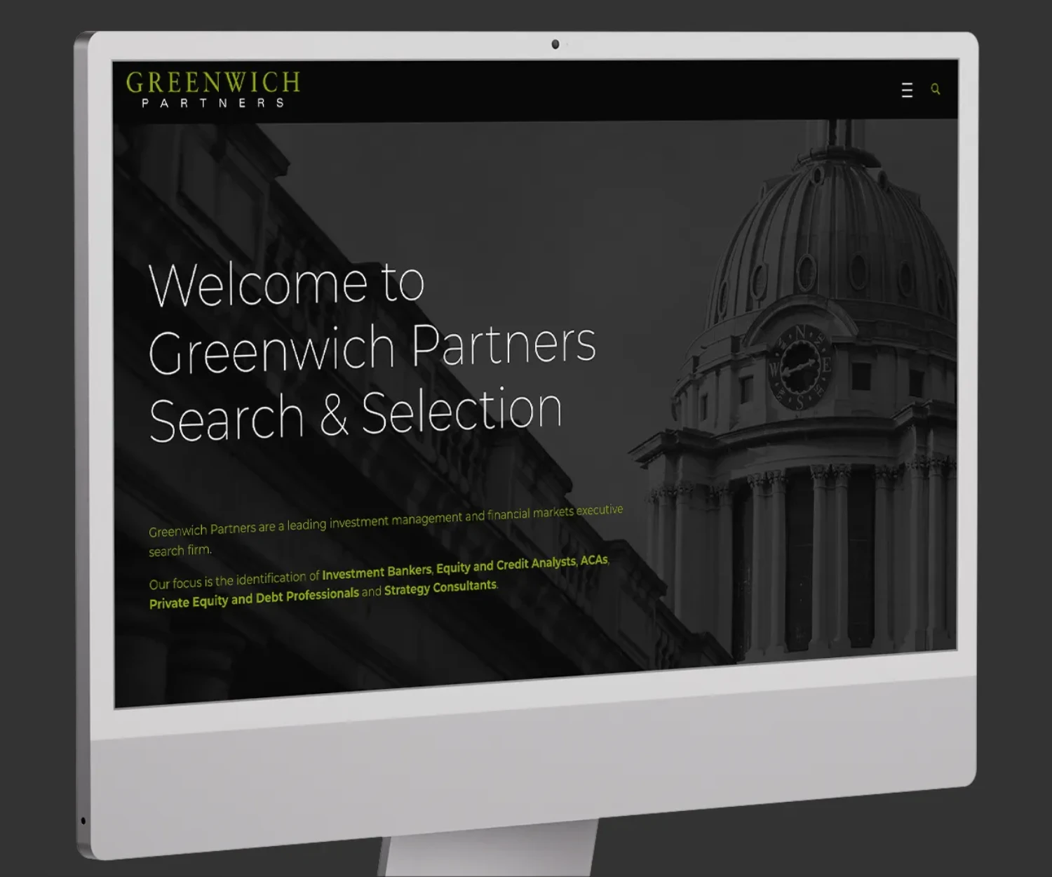 Greenwich Partners website homepage displayed on an iMac.
