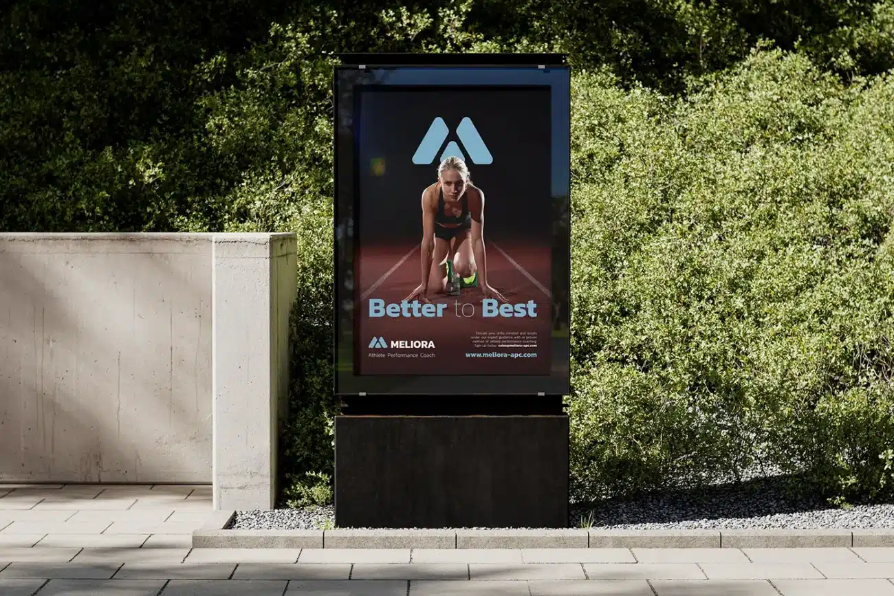 Logo, brand, large format poster and digital signage, designed for Meloria, an athlete performance coach.