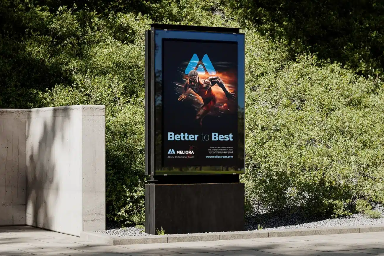 Logo, brand identity, large format poster and digital signage, designed for Meloria, an athlete performance coach.