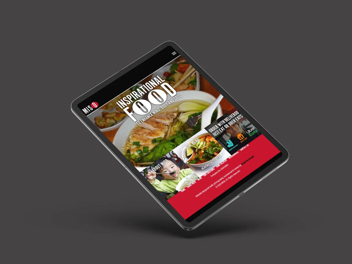 Miso Noodle Bar website page displayed on an iPad.