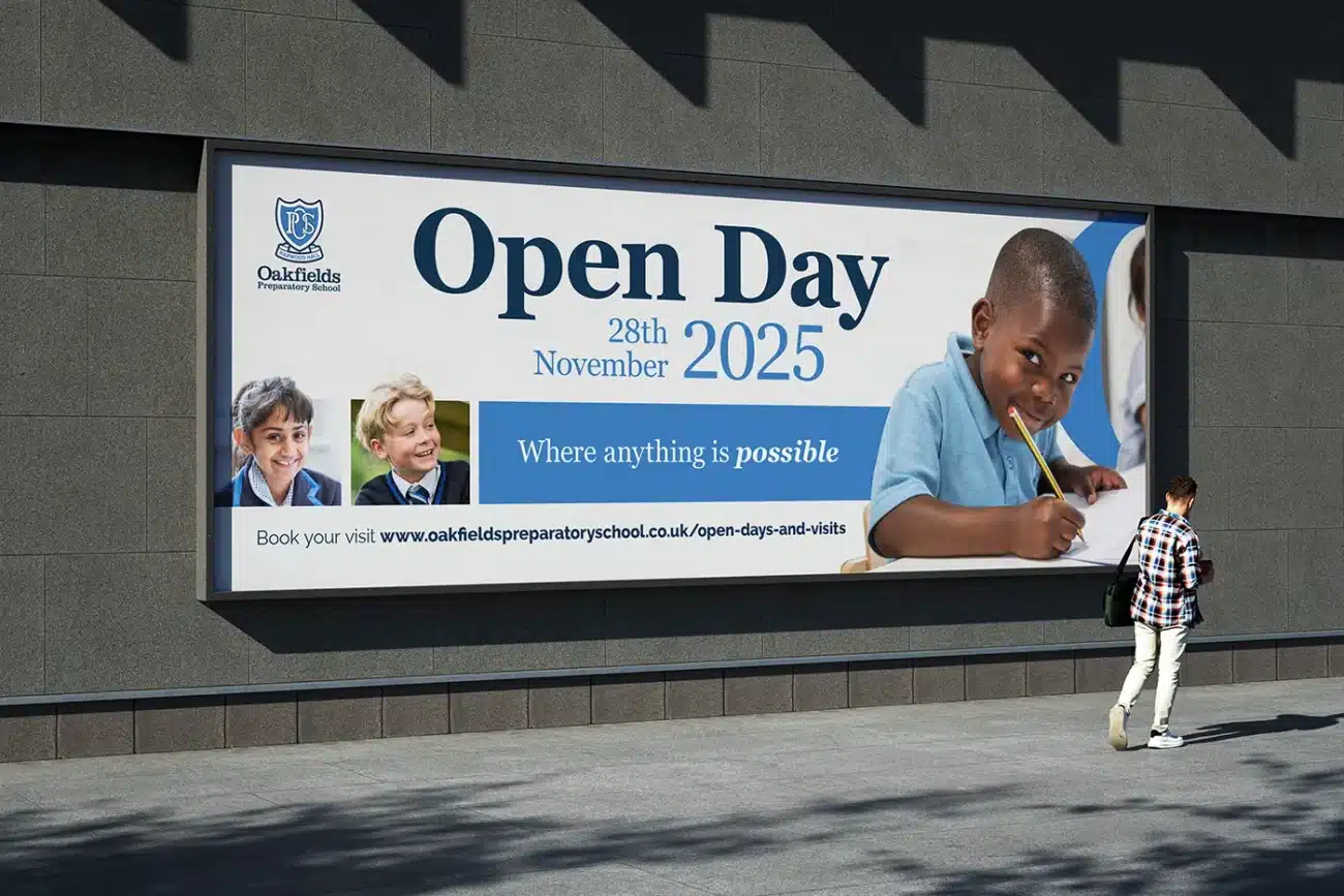Large format banner, also used to advertise on buses, designed and printed for Oakfields Preparatory School, located in Upminster, Essex, is a co-educational independent school for children aged 3 to 11. 