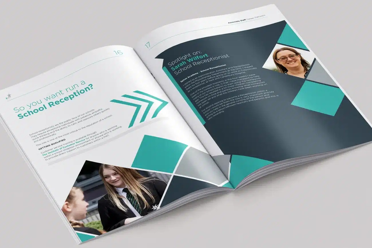 Inside of brochure, designed for Orion Education (formerly E21C, Education for the 21st Century), a multi-academy trust, outlining their career pathways.