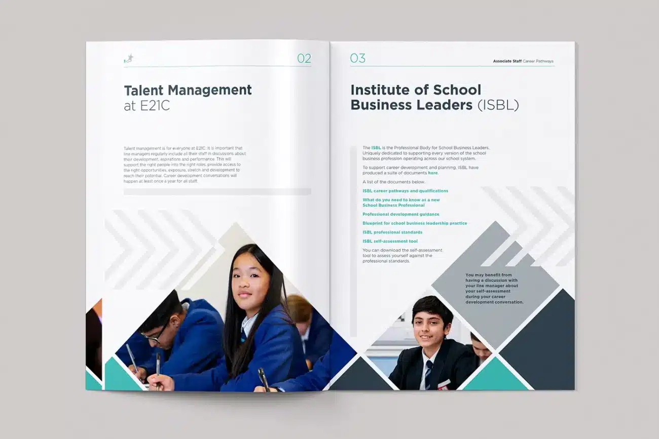 Double page spread of brochure, designed for Orion Education (formerly E21C, Education for the 21st Century), a multi-academy trust, outlining their career pathways.