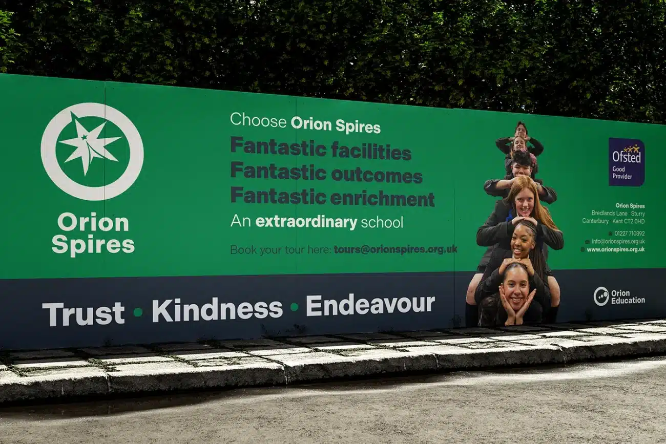 Large format PVC banner, designed and printed for Orion Spires, commonly known as Spires Academy, open day in 2025.