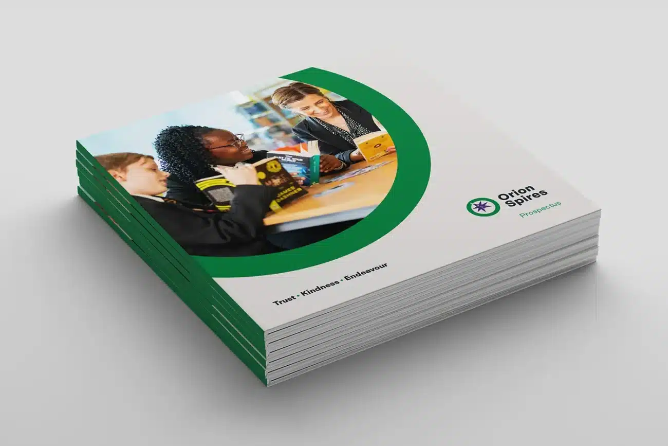 Cover of School Prospectus, designed and printed for Orion Spires, commonly known as Spires Academy, is a non-selective, co-educational secondary school for students aged 11–16 located in Canterbury.