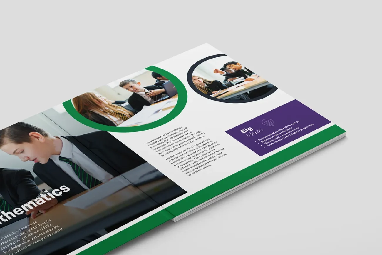 Inside of School Prospectus, designed and printed for Orion Spires, commonly known as Spires Academy, is a non-selective, co-educational secondary school for students aged 11–16 located in Canterbury.