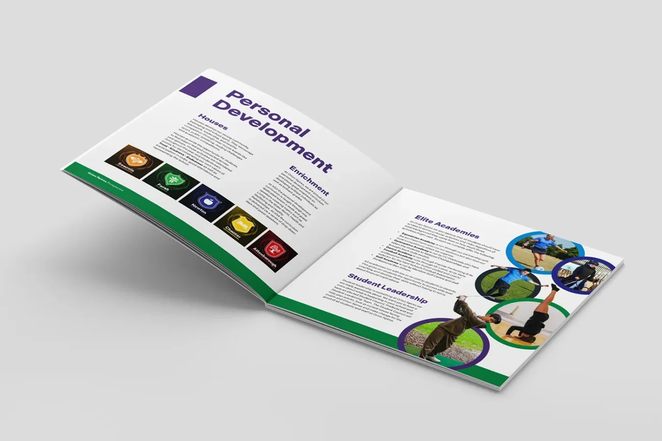 Inside spread of School Prospectus, designed and printed for Orion Spires, commonly known as Spires Academy, is a non-selective, co-educational secondary school for students aged 11–16 located in Canterbury.