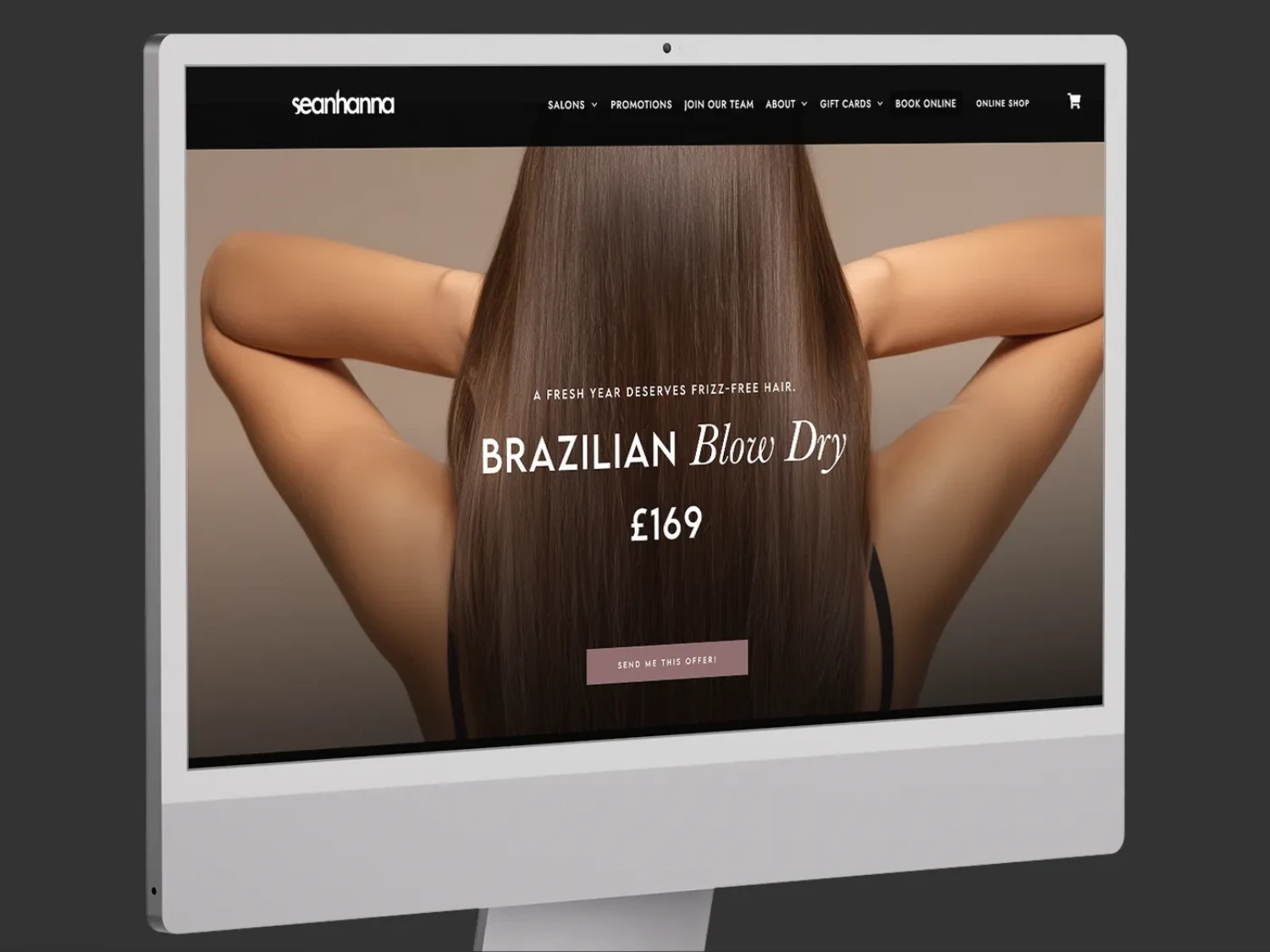 Sean Hanna Hair Salon Group website homepage displayed on an iMac.