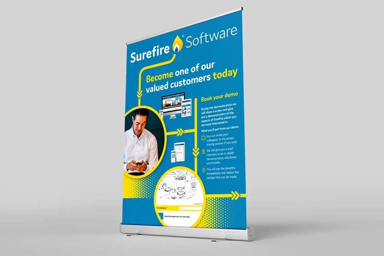 Wide Pull Up Roller Banner, designed and printed for Surefire Software, a specialised, UK-based CRM and business management platform designed specifically for the plumbing and heating industry.