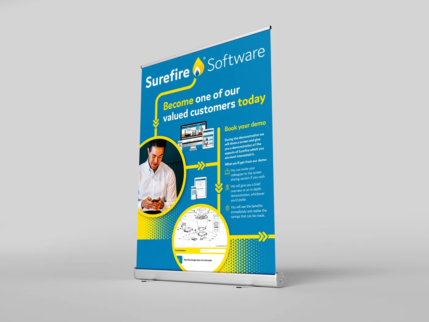 Wide Pull Up Roller Banner, designed and printed for Surefire Software, a specialised, UK-based CRM and business management platform designed specifically for the plumbing and heating industry.
