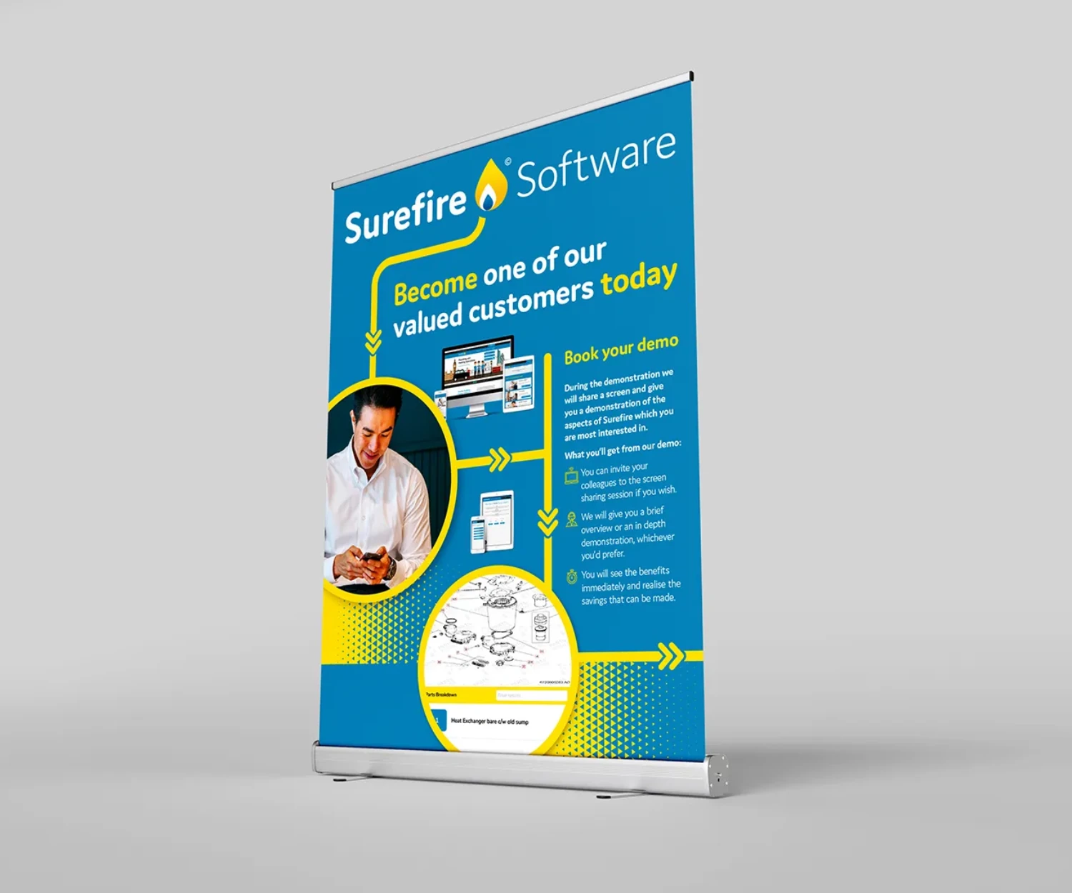 Wide Pull Up Roller Banner, designed and printed for Surefire Software, a specialised, UK-based CRM and business management platform designed specifically for the plumbing and heating industry.