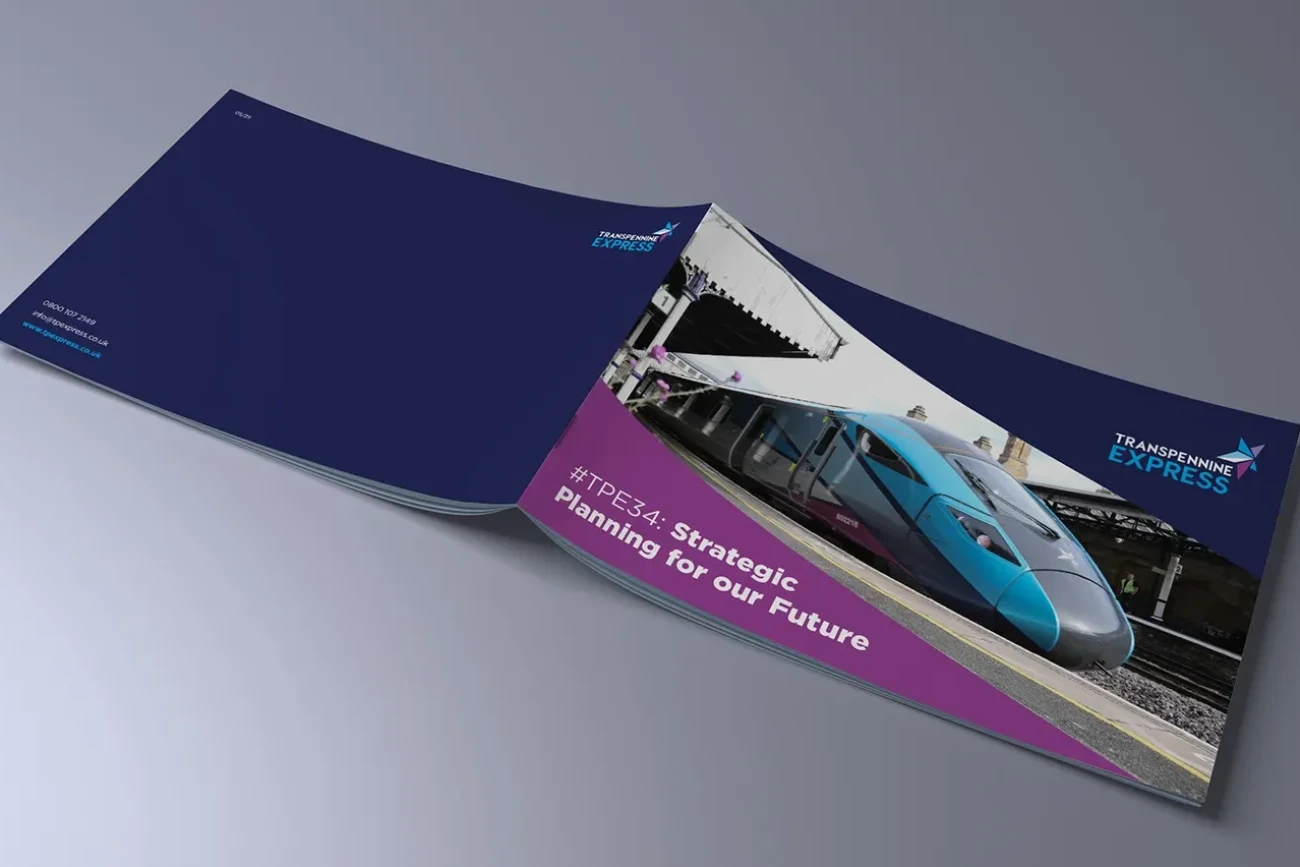 Cover of brochure, designed and printed for TransPennine Express, a British train operating company, outlining their future plans.