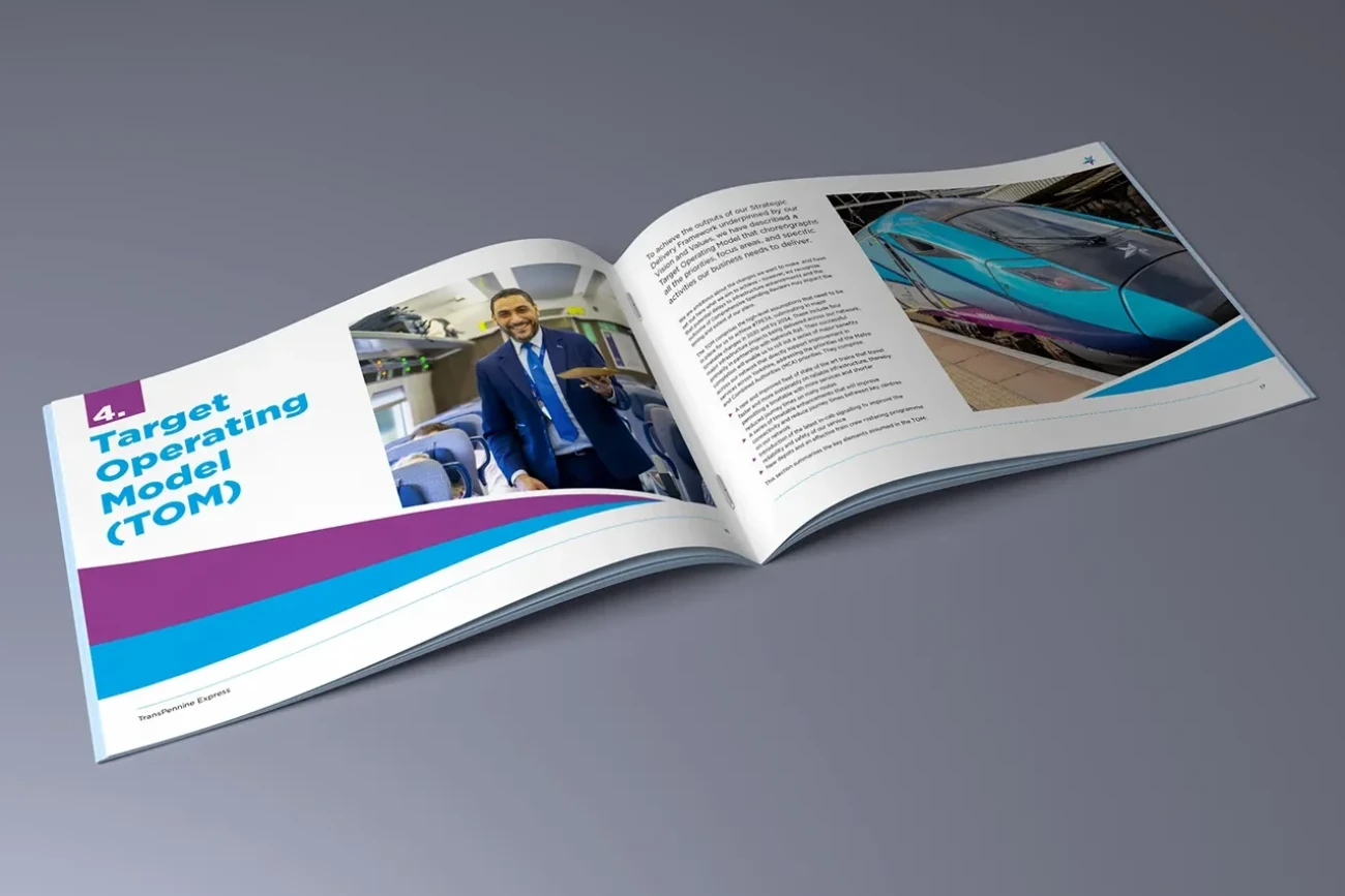 Inside of brochure, designed and printed for TransPennine Express, a British train operating company, outlining their future plans.