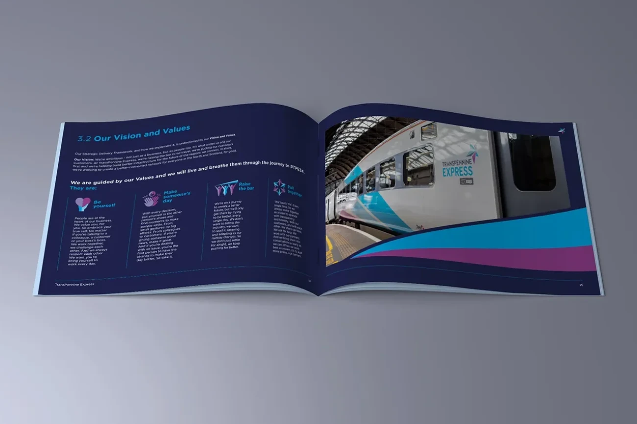 Center spread of brochure, designed and printed for TransPennine Express, a British train operating company, outlining their future plans.