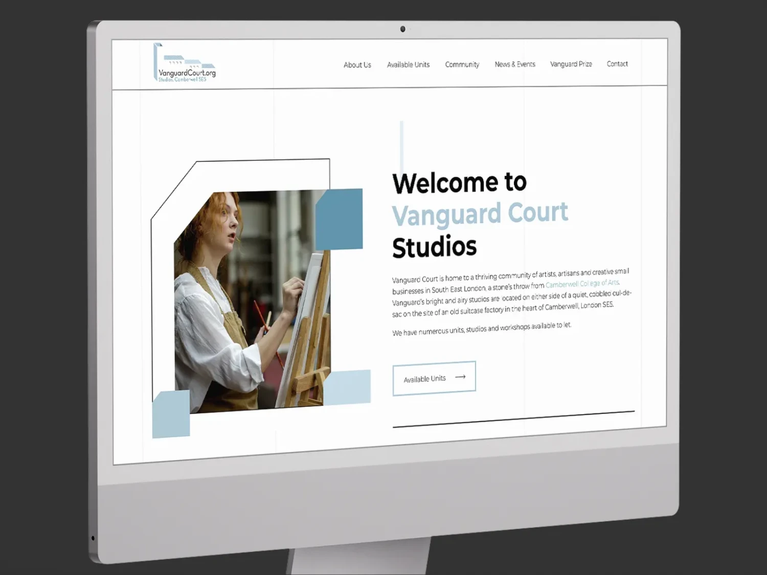 Vanguard Court Studios website homepage displayed on an iMac.