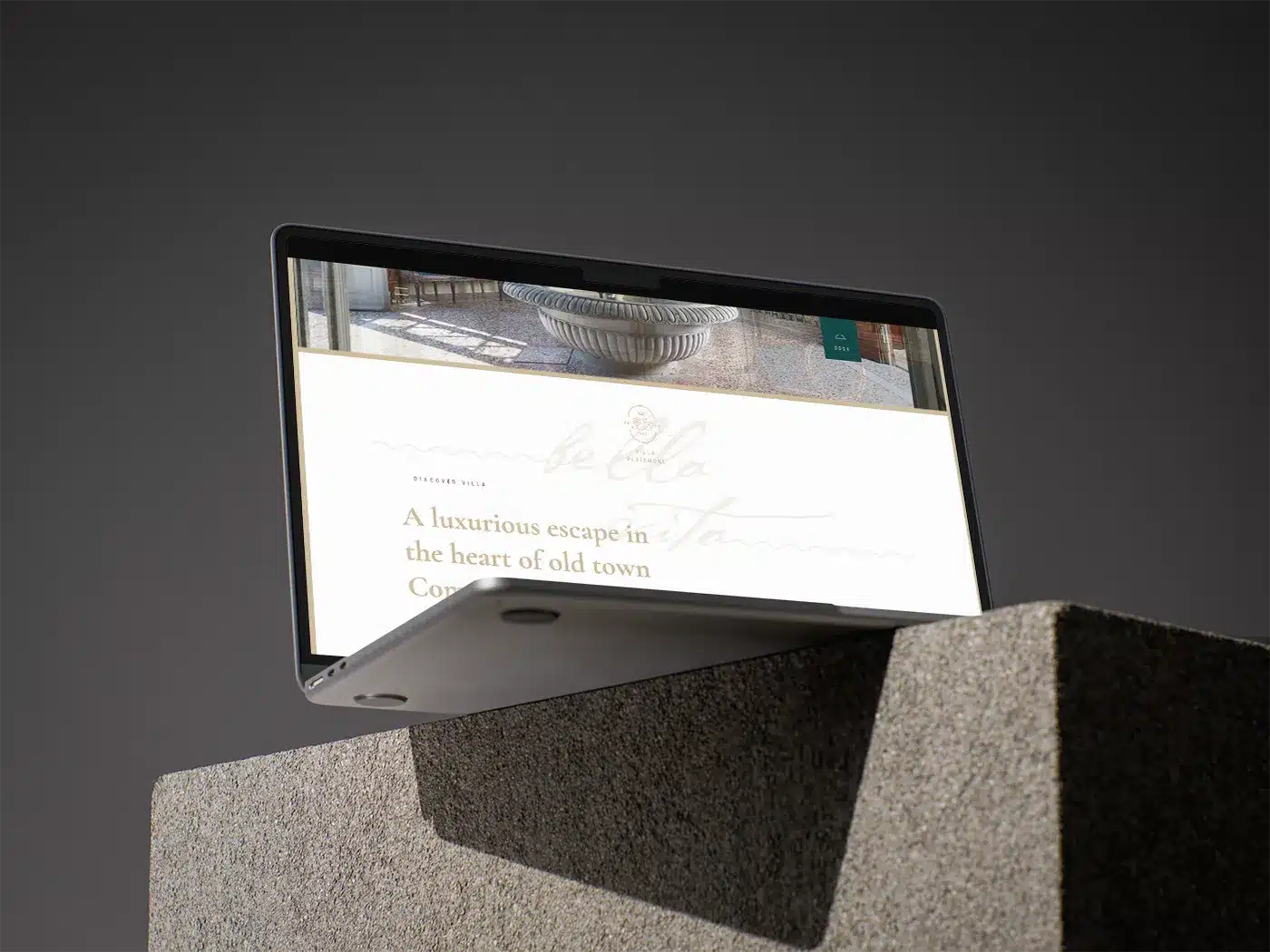 Villa Platamone Hotel website about page displayed on a MacBook.