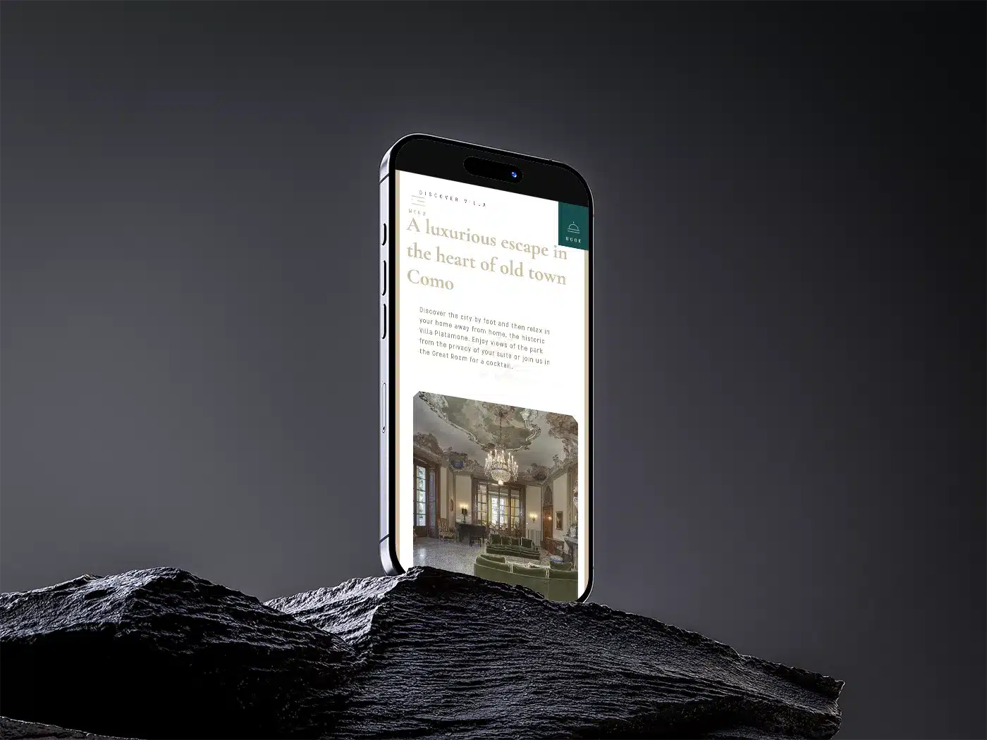 Villa Platamone Hotel website about page displayed on an iPhone.