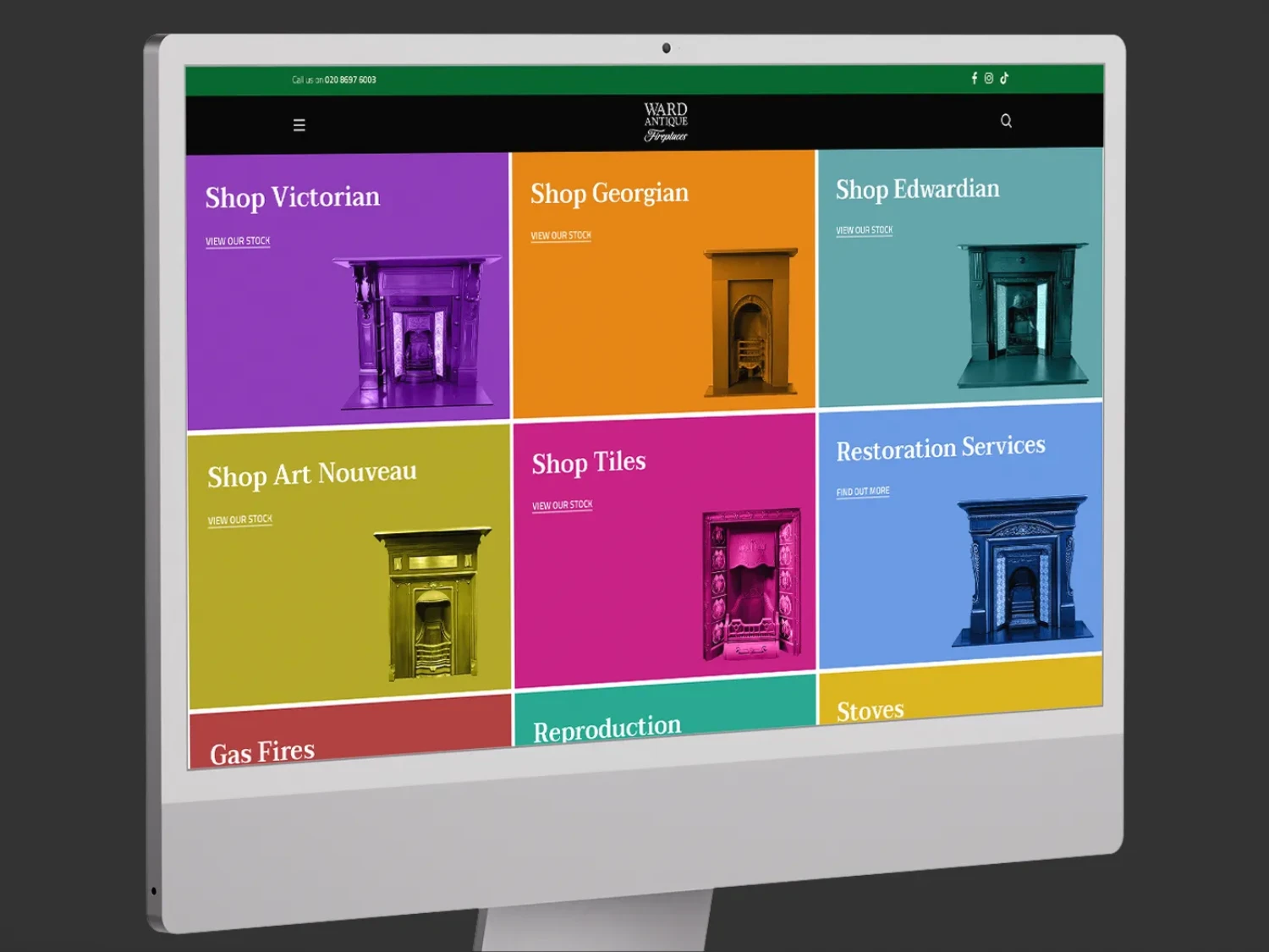 Ward Antique Fireplaces website homepage displayed on an iMac.
