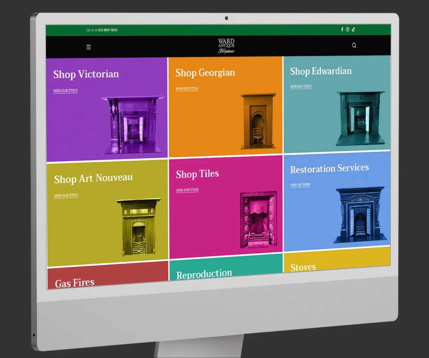 Ward Antique Fireplaces website homepage displayed on an iMac.